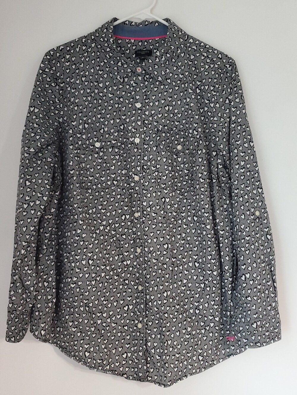 Talbots Womens Heart Print Roll Tab Sleeve Button Down Shirt Size 16W Valentines